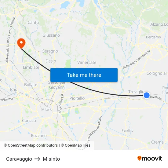 Caravaggio to Misinto map