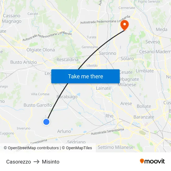 Casorezzo to Misinto map