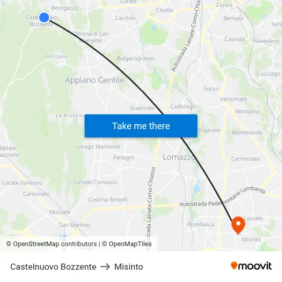 Castelnuovo Bozzente to Misinto map