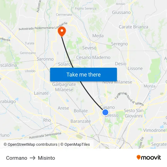Cormano to Misinto map