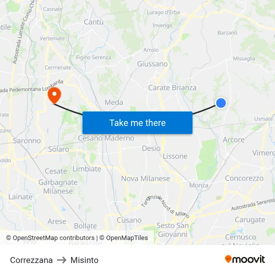 Correzzana to Misinto map