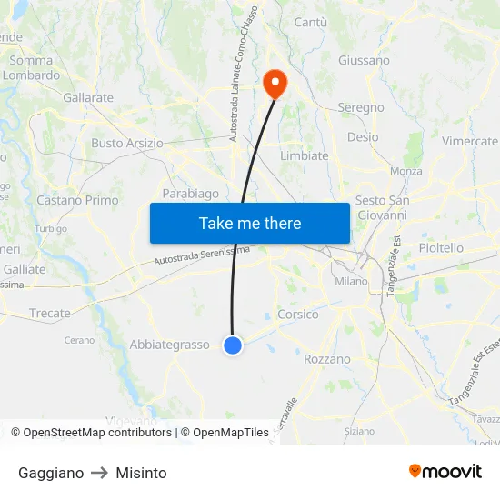 Gaggiano to Misinto map