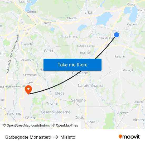 Garbagnate Monastero to Misinto map