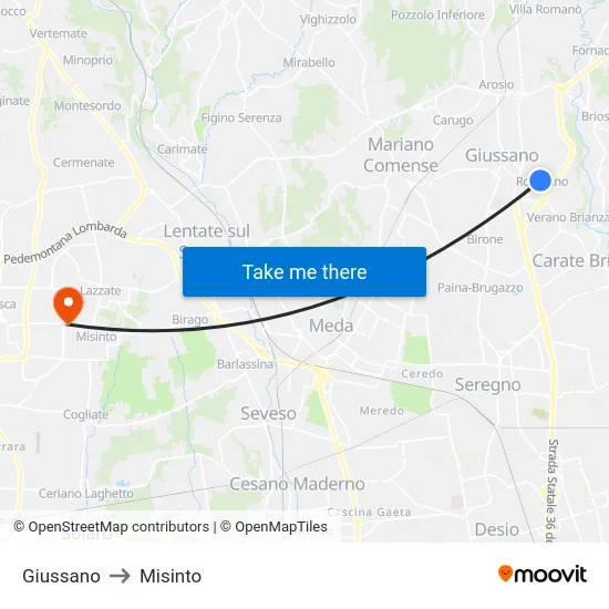Giussano to Misinto map