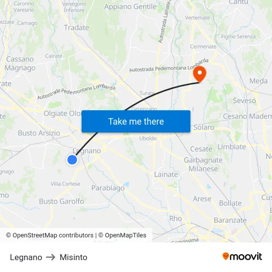 Legnano to Misinto map