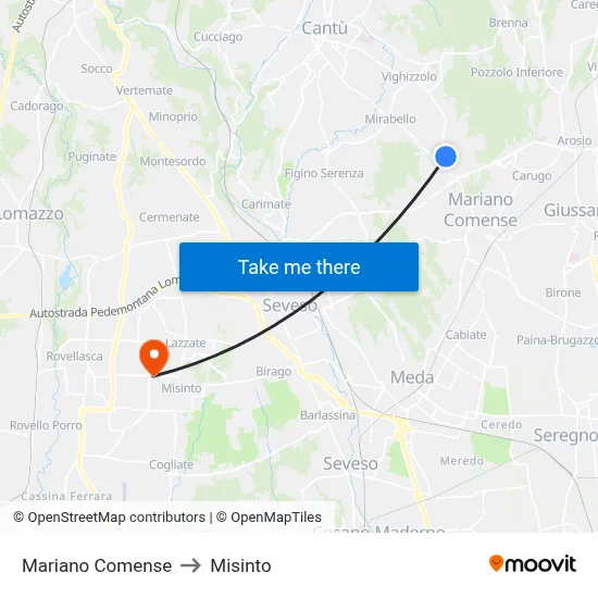 Mariano Comense to Misinto map