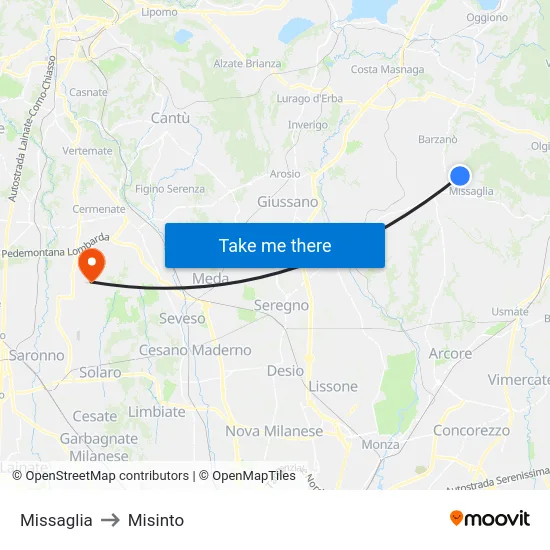 Missaglia to Misinto map