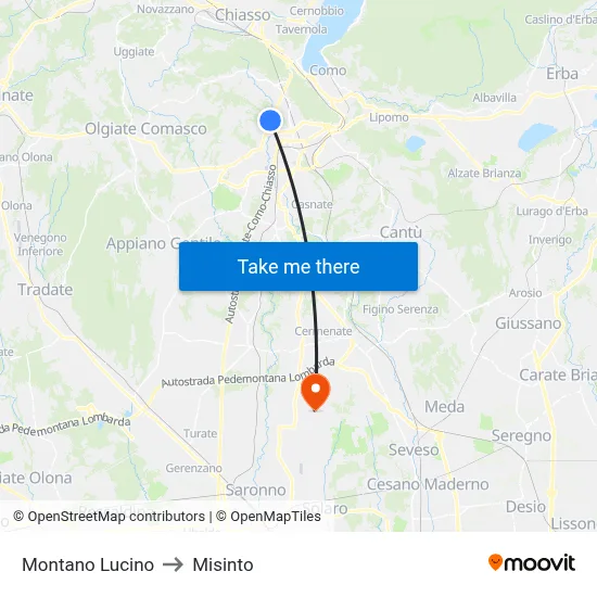 Montano Lucino to Misinto map