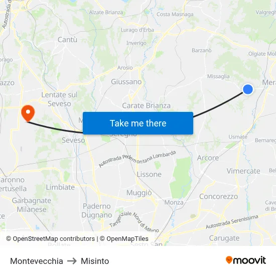 Montevecchia to Misinto map