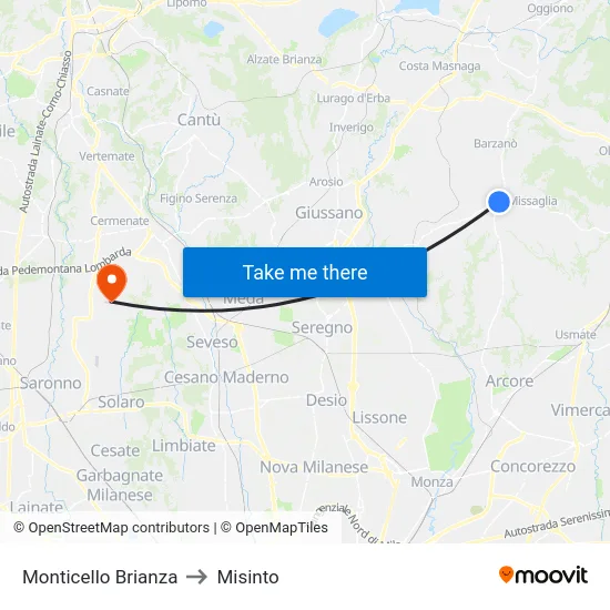 Monticello Brianza to Misinto map