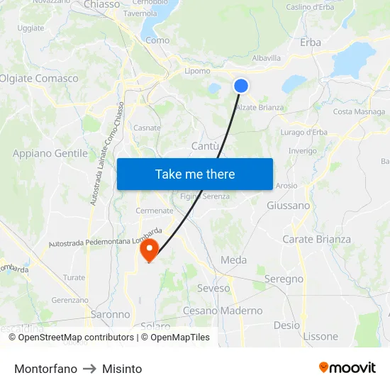 Montorfano to Misinto map