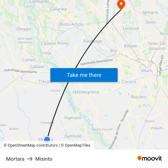 Mortara to Misinto map
