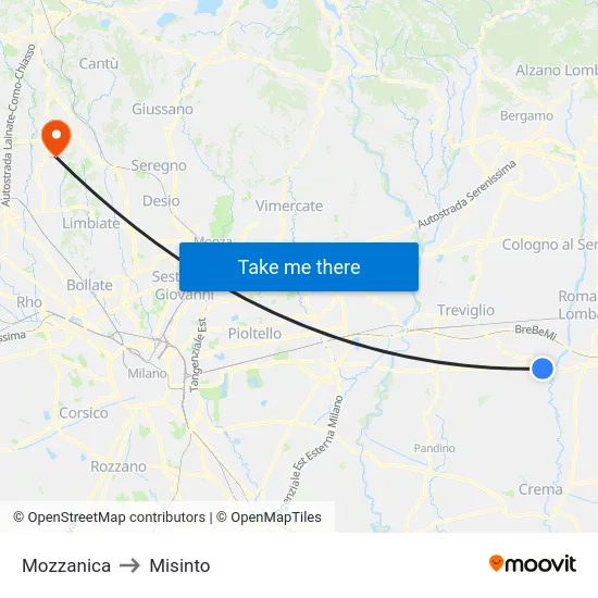 Mozzanica to Misinto map