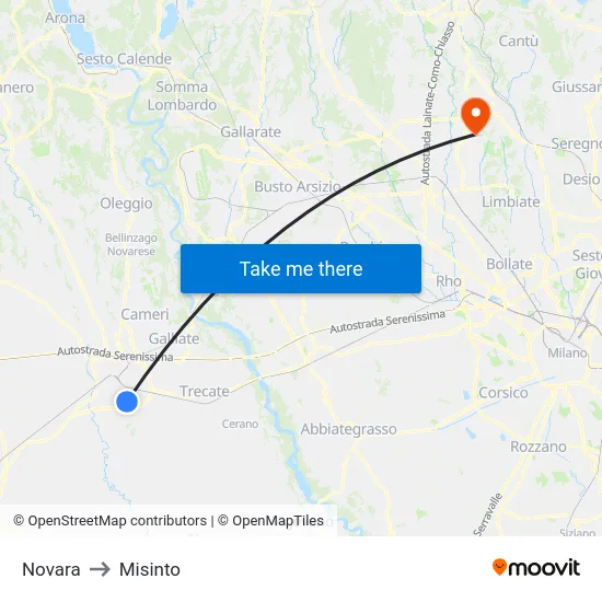 Novara to Misinto map
