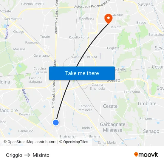 Origgio to Misinto map