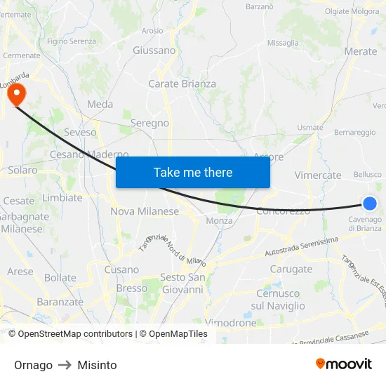 Ornago to Misinto map