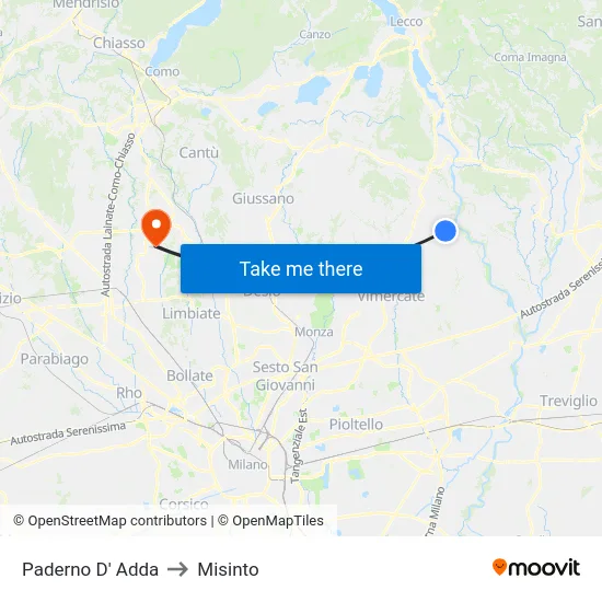 Paderno D' Adda to Misinto map