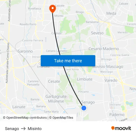 Senago to Misinto map