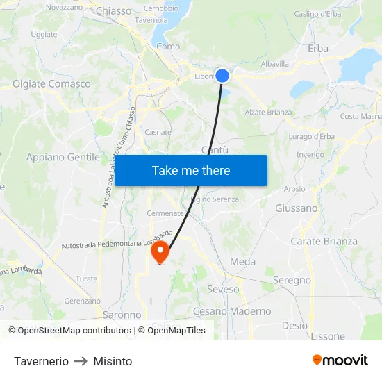 Tavernerio to Misinto map