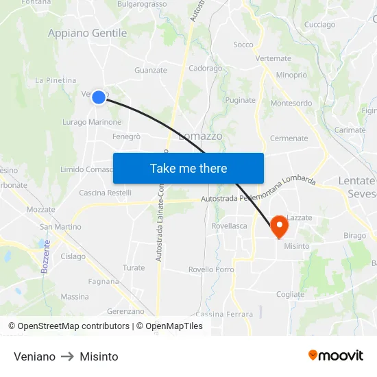 Veniano to Misinto map