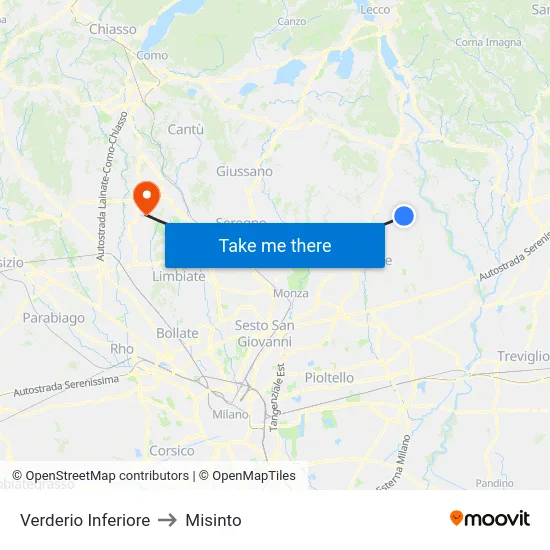 Verderio Inferiore to Misinto map
