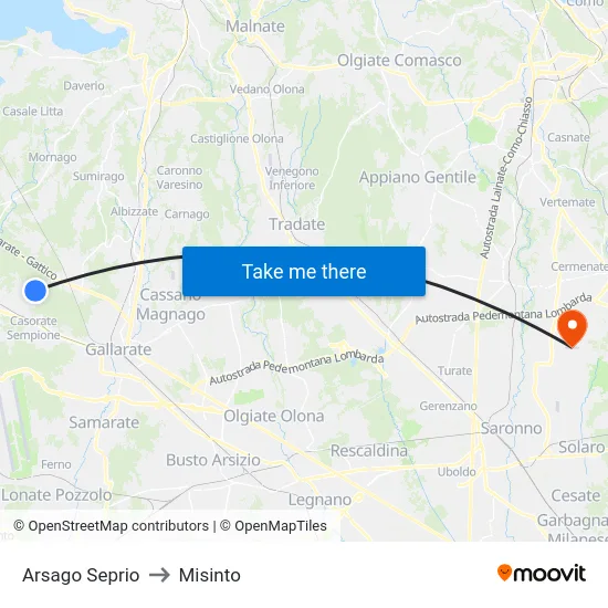 Arsago Seprio to Misinto map
