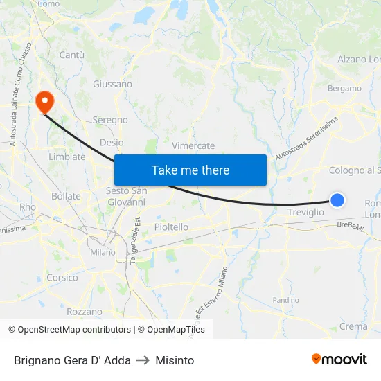 Brignano Gera d'Adda to Misinto map
