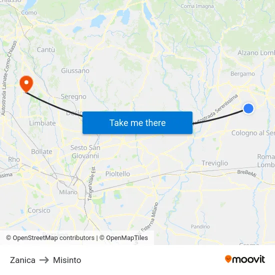 Zanica to Misinto map