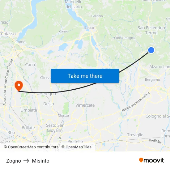 Zogno to Misinto map