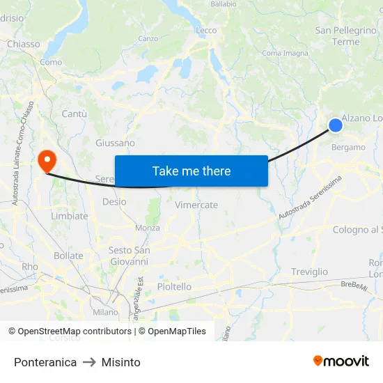 Ponteranica to Misinto map