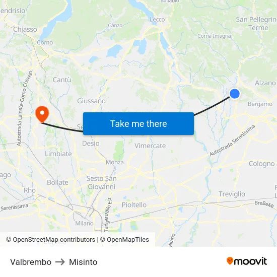 Valbrembo to Misinto map