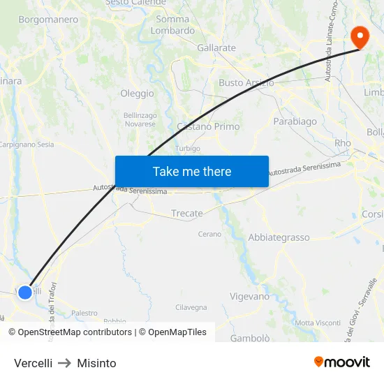 Vercelli to Misinto map