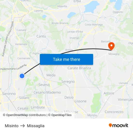 Misinto to Missaglia map