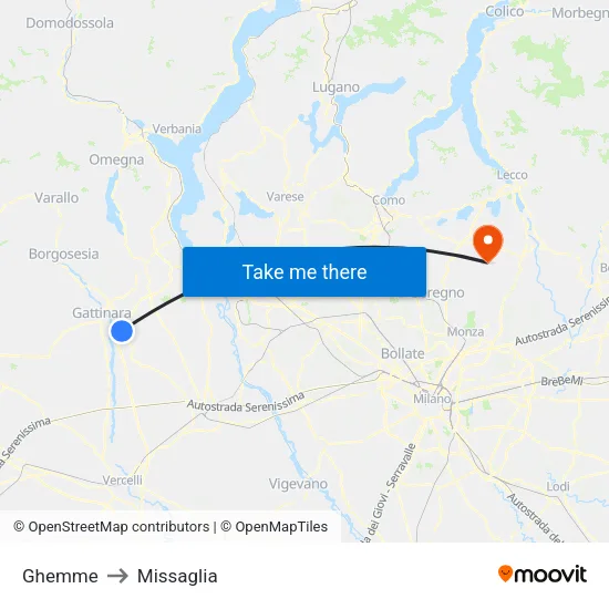 Ghemme to Missaglia map