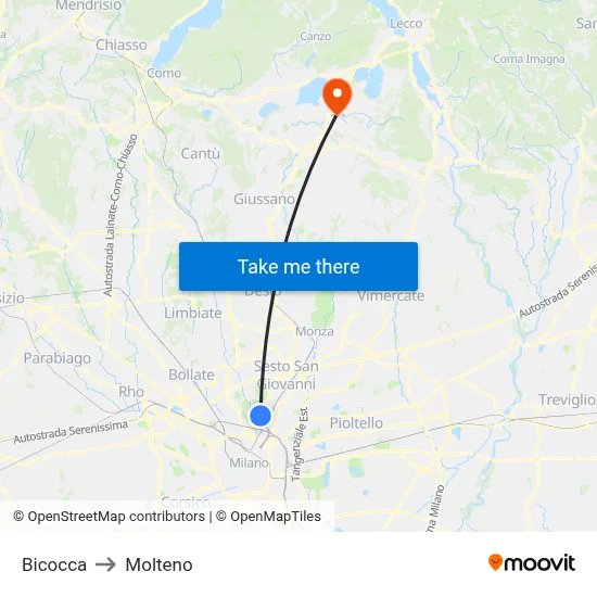 Bicocca to Molteno map