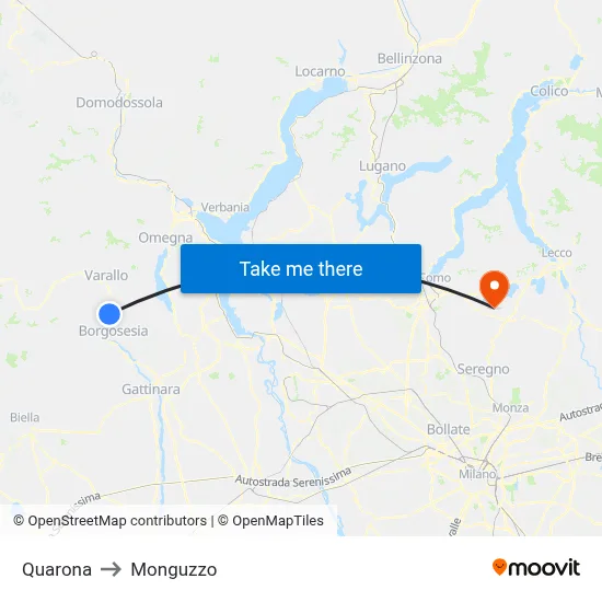 Quarona to Monguzzo map