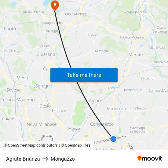 Agrate Brianza to Monguzzo map