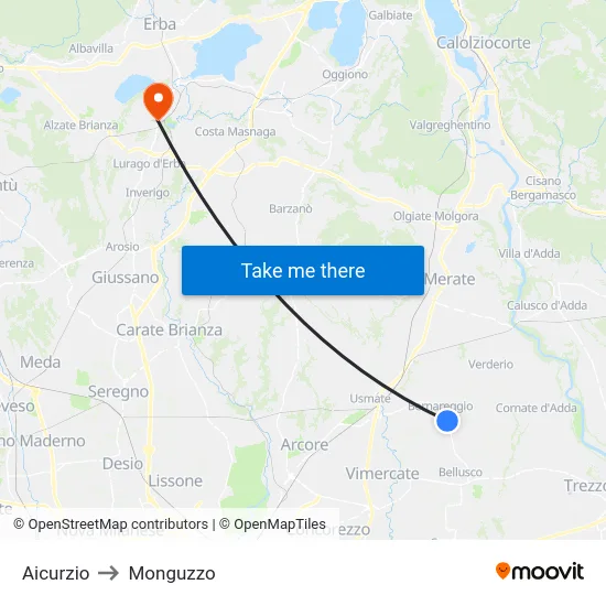 Aicurzio to Monguzzo map