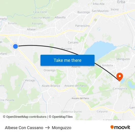 Albese Con Cassano to Monguzzo map