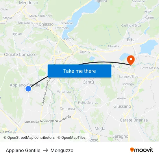 Appiano Gentile to Monguzzo map