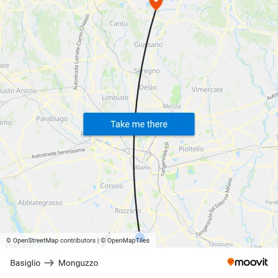 Basiglio to Monguzzo map