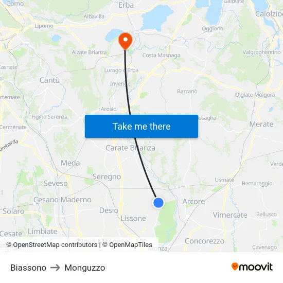 Biassono to Monguzzo map
