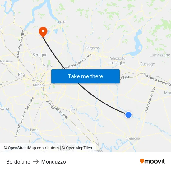 Bordolano to Monguzzo map