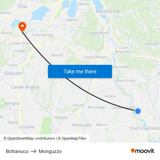 Bottanuco to Monguzzo map