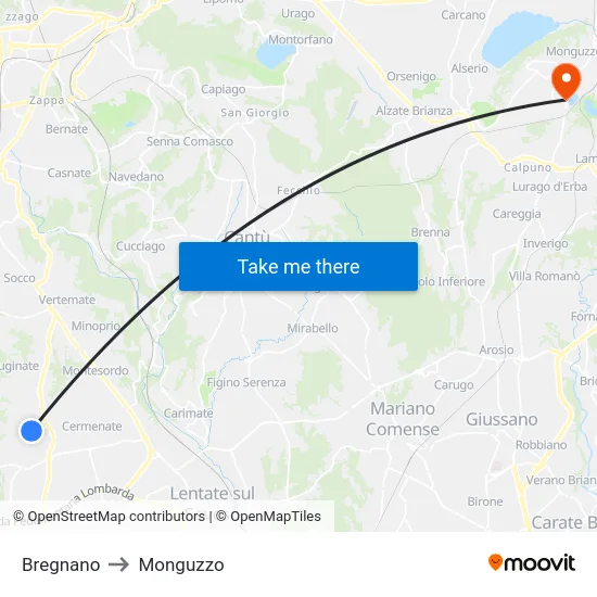 Bregnano to Monguzzo map