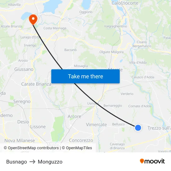 Busnago to Monguzzo map