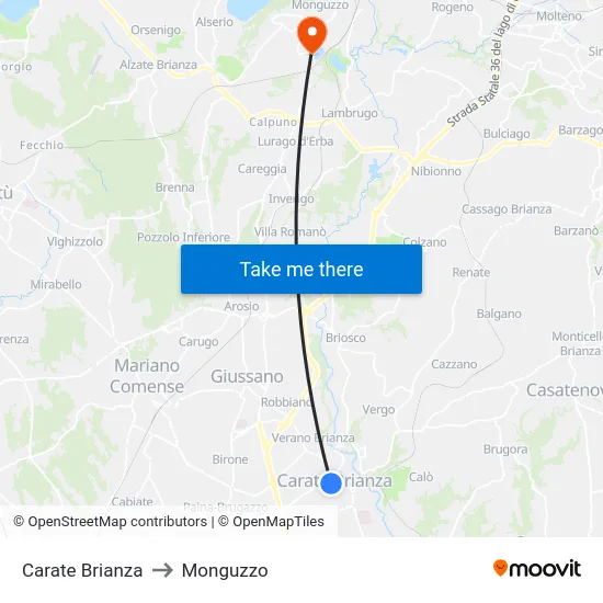 Carate Brianza to Monguzzo map
