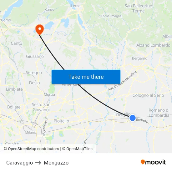 Caravaggio to Monguzzo map