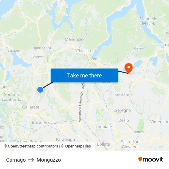Carnago to Monguzzo map