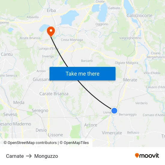 Carnate to Monguzzo map